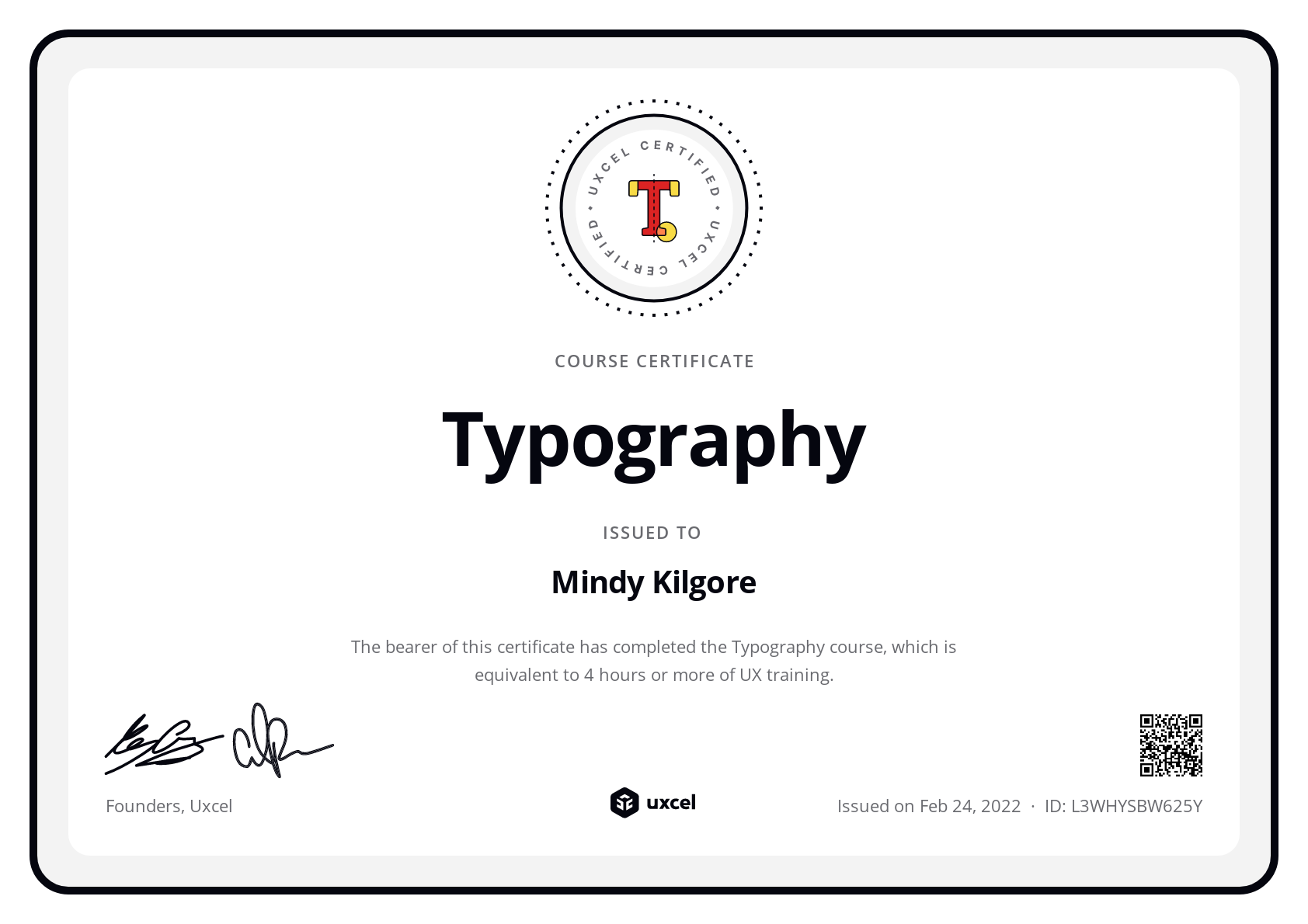 Mindy Kilgore's certificate